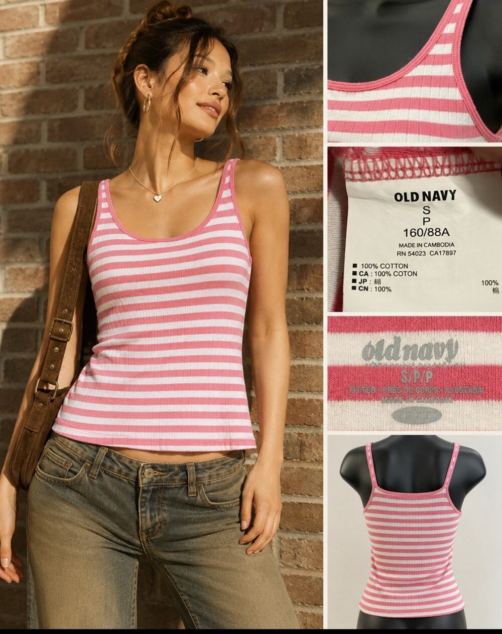 Y2K Preppy Layering Old Navy Women's Ribbed Tank Top Size S Pink White Stripe
